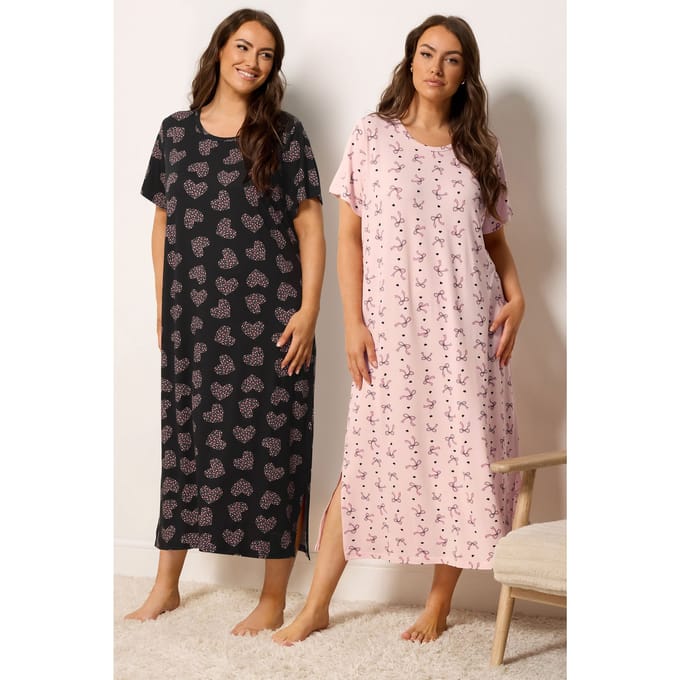 Yours 2Pack Roze Midaxi Nachthemden Met Strik En Hartprint Size 62-64