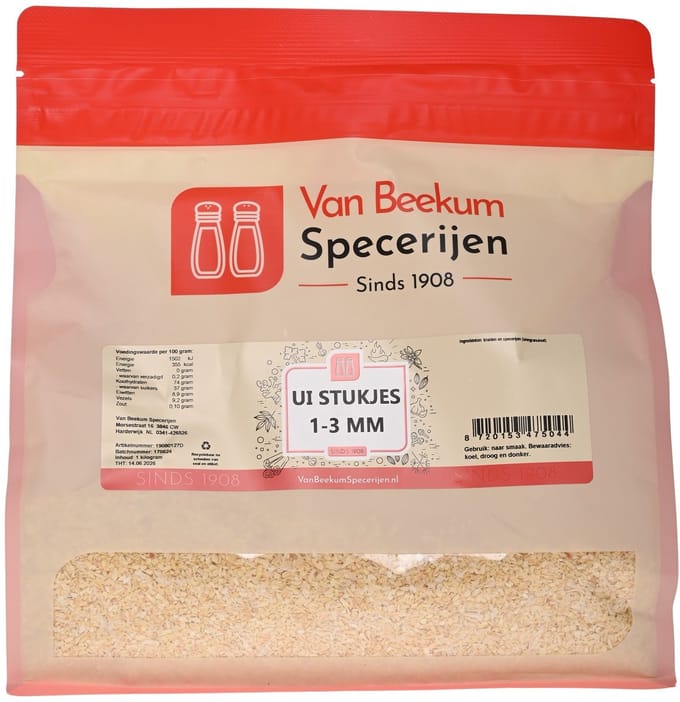 Van Beekum Specerijen - Ui Stukjes 1-3 mm - 1 KG (hersluitbare stazak)