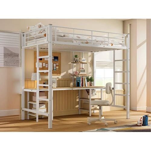 ModernLuxe Hoogslaper 90x200 cm - met bureau en planken - ijzeren frame - Wit