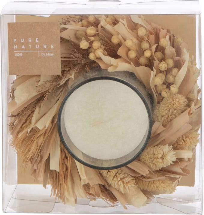 J-Line kaars + bloemen Rond - glas - wit/naturel - 24U