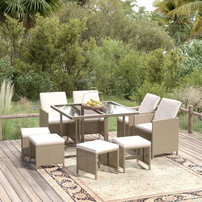 vidaXL - 9-delige - Tuinset - met - kussens - poly - rattan - beige