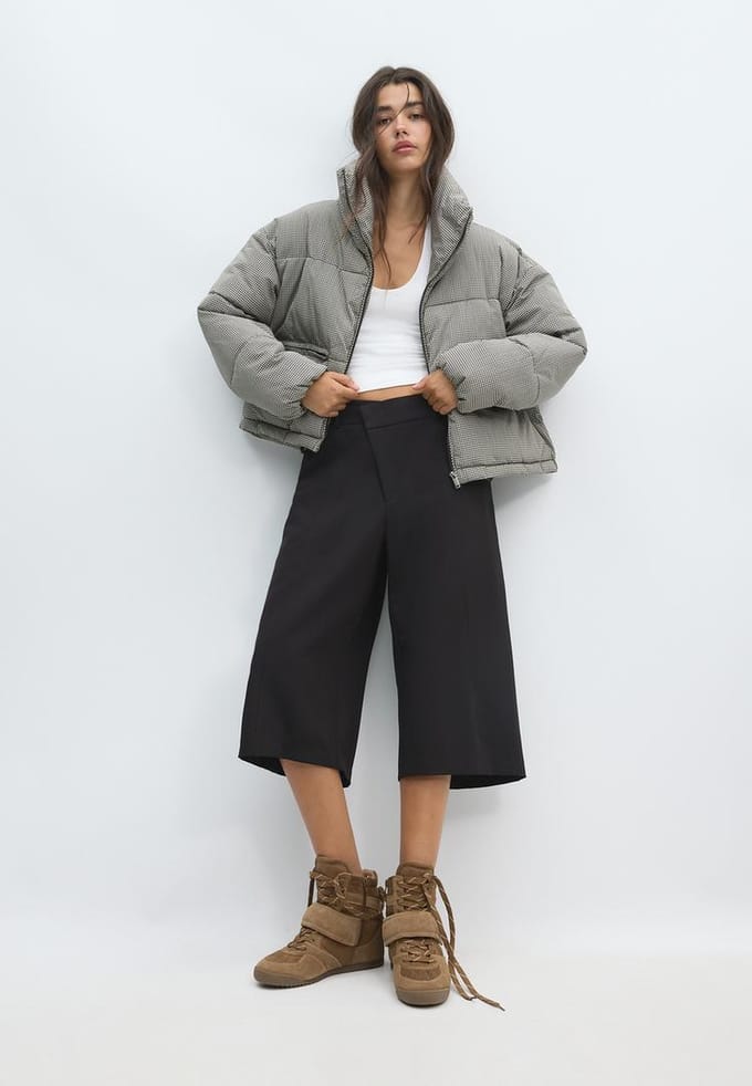 Stradivarius Gewatteerd cropped jack met hoge kraag en ruitjes  Beige L