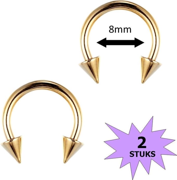 Fako Bijoux® - Circular Barbell Piercing - Hoefijzer Spike - 8mm - Goudkleurig - 2 Stuks