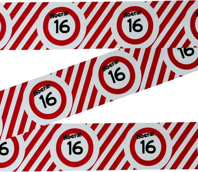 3BMT® Afzetlint - Markeerlint rood wit - 16 jaar - verjaardag - 10 meter