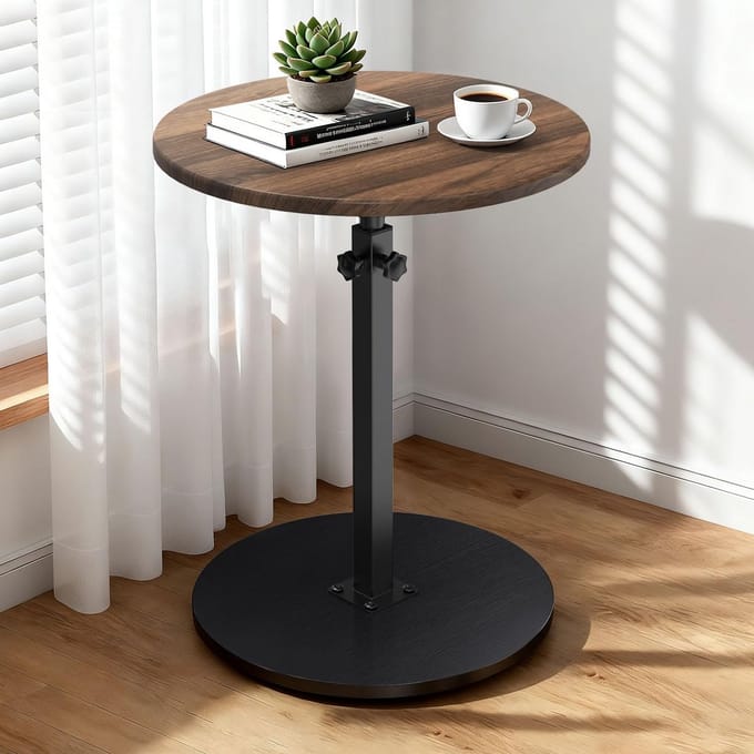 In hoogte verstelbare houten bijzettafel met wielen, rond