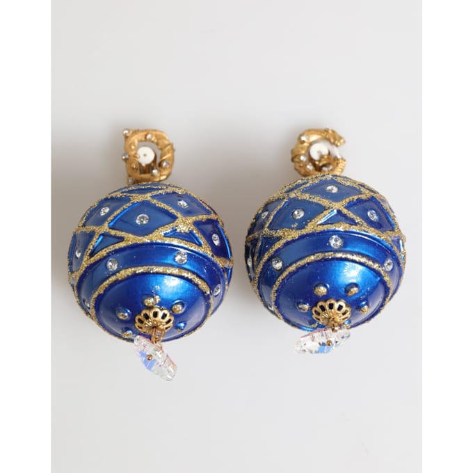 Gouden Messing Blauwe Kerstbal Kristallen Dangle Clip-On Oorringen