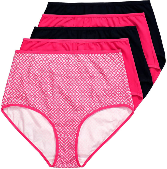 Ulla Popken - Dames - Maxislips set van 5 motief/effen hoge taille - Magenta - Maat 42+
