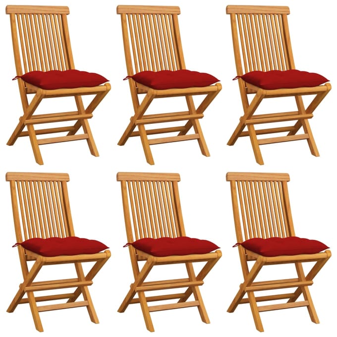 vidaXL - Klapstoelen - met - rode - kussens, - 6 - stuks, - massief - teakhout