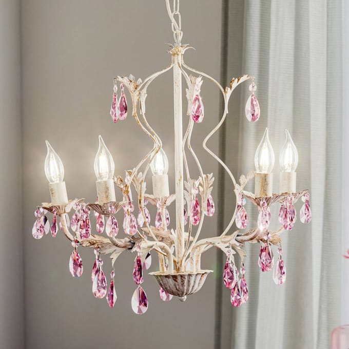 ONLI Kroonluchter Kate, 5-lamps wit, roze kristallen