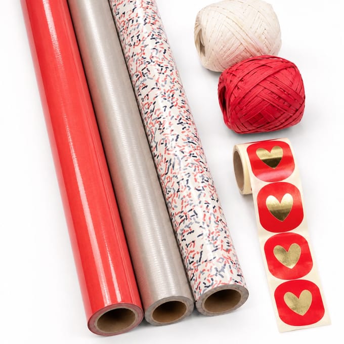 Inpakset Cadeaupapier – "Lovely Confetti" – Rood / Beige – 70 x 200 cm – 3 Rollen – Complete Set