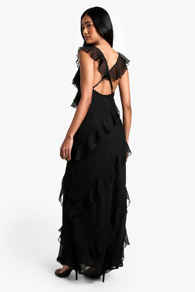 boohoo Dames Chiffon Maxi-jurk met Ruffles en Bandjes | Black | Maat: 18