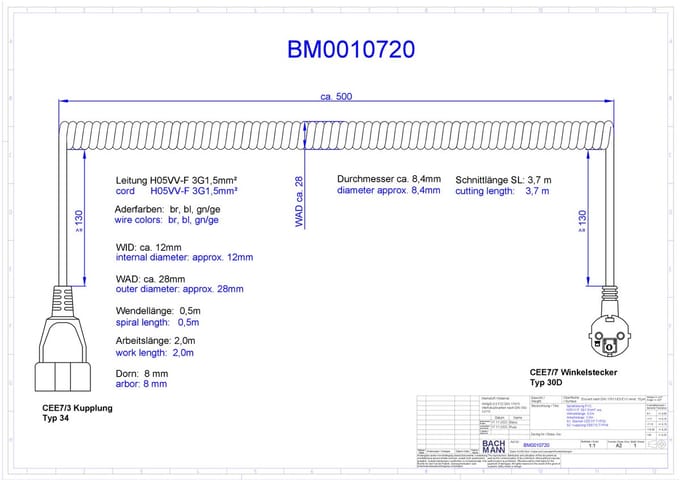 CEE 7/7 (haaks) - CEE 7/3 (recht) stroom spiraal verlengkabel - 3x 1,50mm / wit - 2 meter