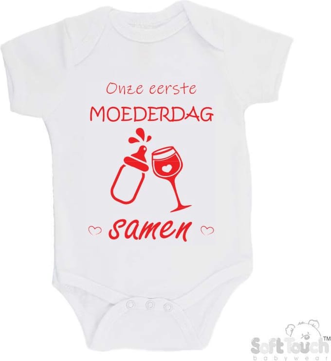 100% katoenen Romper "Onze eerste moederdag samen" Unisex Katoen Wit/rood Maat 56/62