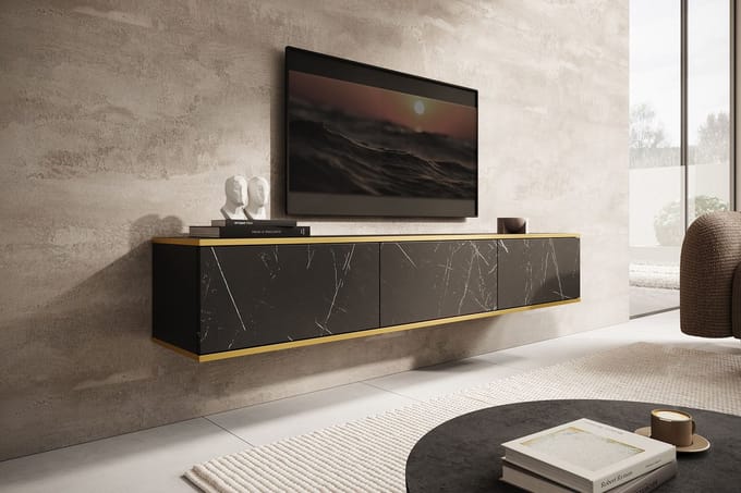 Meubella - TV-Meubel Orleans - Zwart marmerlook - 175 cm