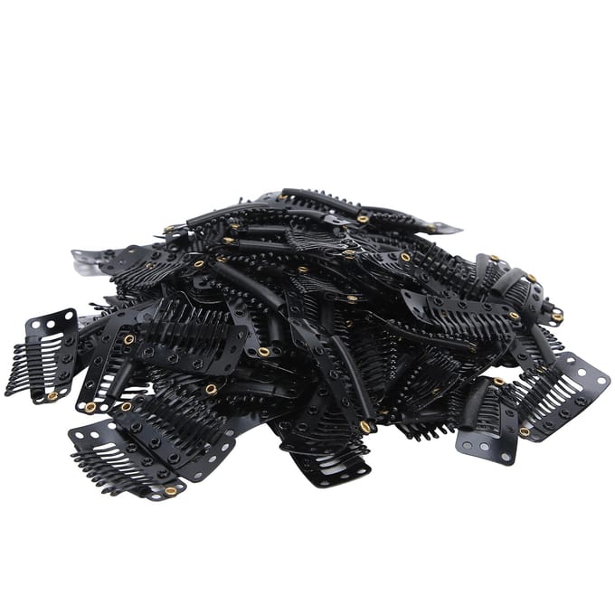 100pcs 10 Dents Clip Perruque Acier Inoxydable DIY Postiche Clip à Pression pour Extension de CheveuxNoir noir