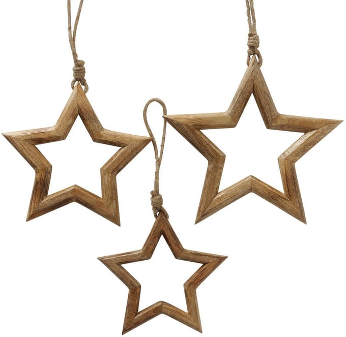 Boltze Home kerst ster decohanger set van 3 mango hout decoratie.