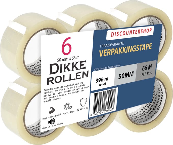 Verpakkingstape Transparant 50mm x 66m - 6 Rollen Sterk Plakband - Low Noise PP Tape