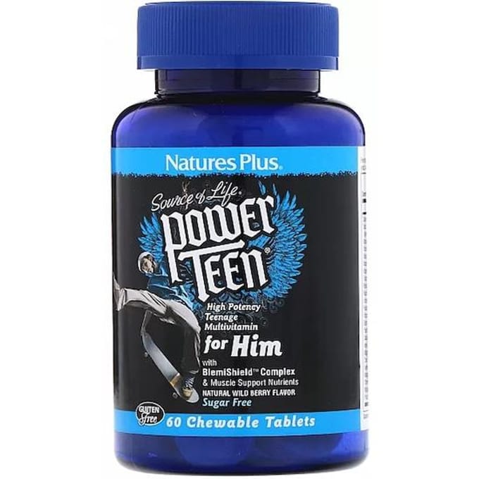 Nature's Plus Source de vie, Power Teen, pour lui, sans sucre, saveur naturelle de baies sauvages, 60 comprimés à croquer