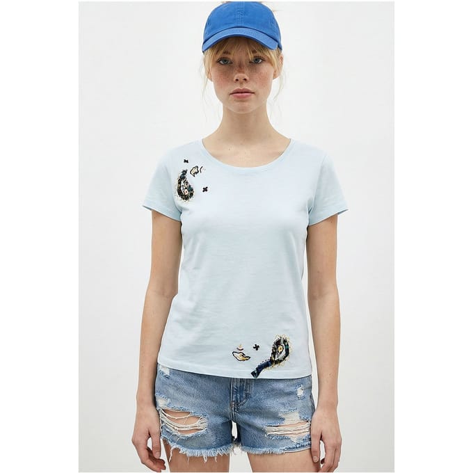 Geborduurd U-Hals Basis T-Shirt