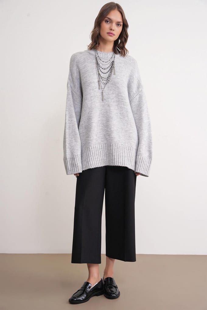 Oversized Geribbelde Gebreide Trui met Ronde Hals