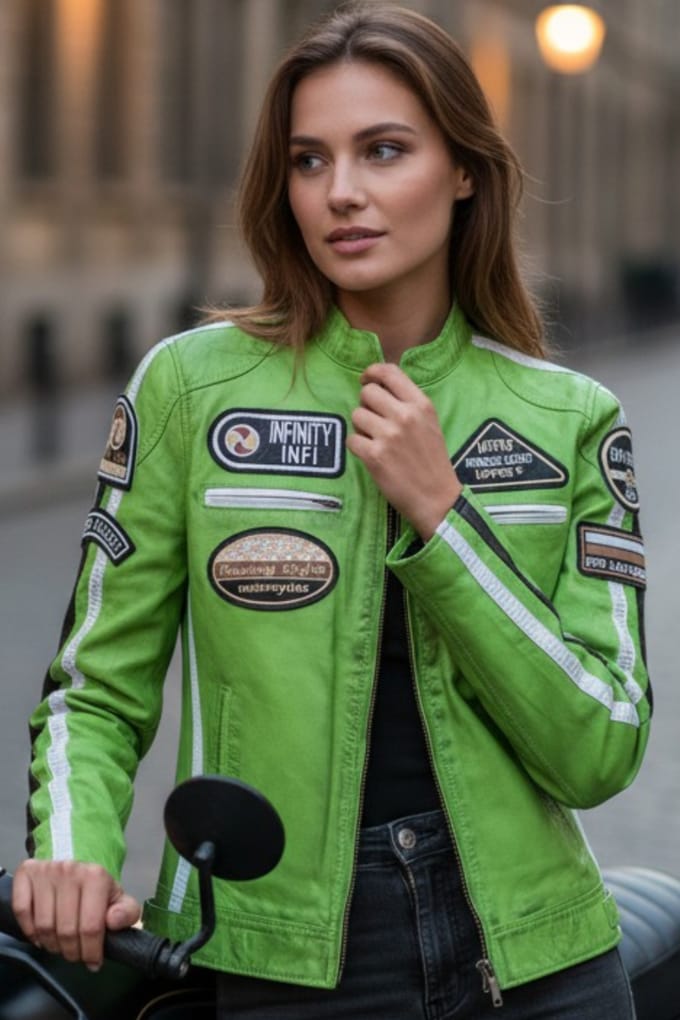 Dames Biker Racing Badges Groen Leren Jas-Esdoorn