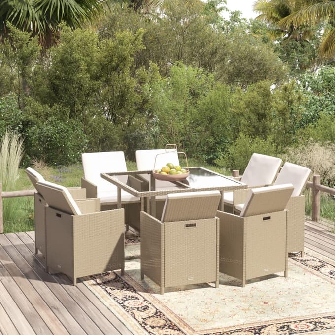 vidaXL - 9-delige - Tuinset - met - kussens - poly - rattan - beige