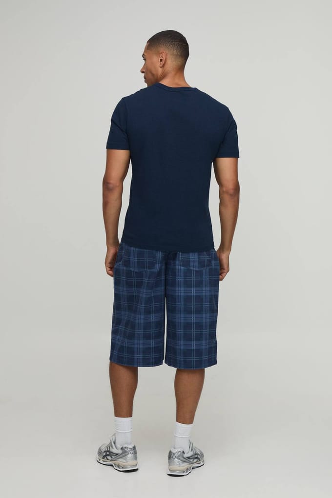Baggy Longline Geruit Twill Short | Navy | Size 28
