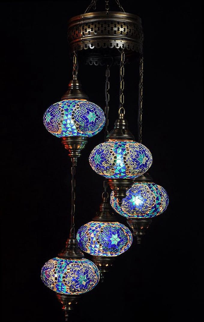 Anatolia Hanglamp - blauw - mozaïek - 5 bollen - 120 cm hoogte