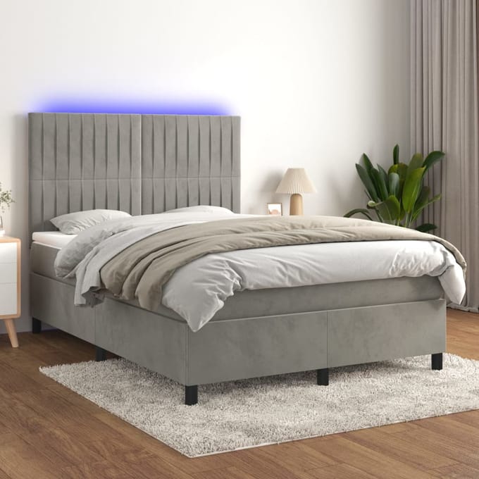 vidaXL - Boxspring - met - matras - en - LED - fluweel - lichtgrijs - 140x200 - cm