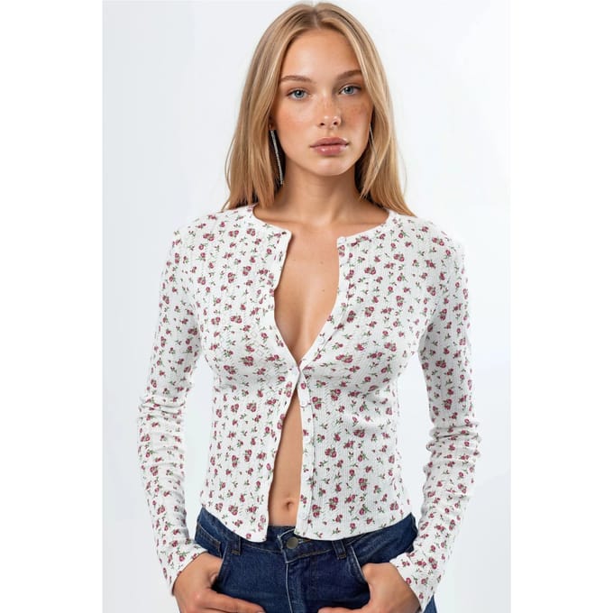 Bloemrijke Geribbelde Crop Blouse met Knopsluiting