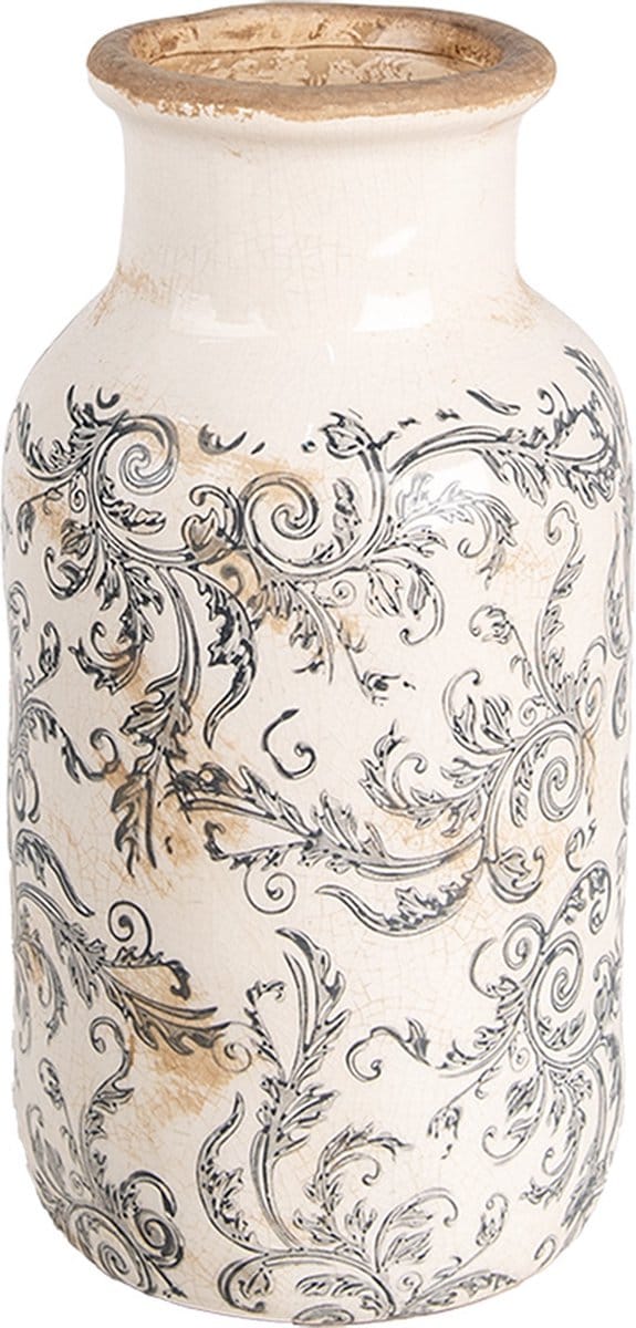Clayre & Eef Vaas Ø 14x26 cm Beige Grijs Keramiek Bloemen