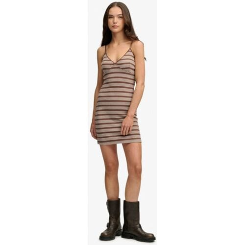 Superdry Gestreepte Ribjersey Minijurk Brown Grootte: 42