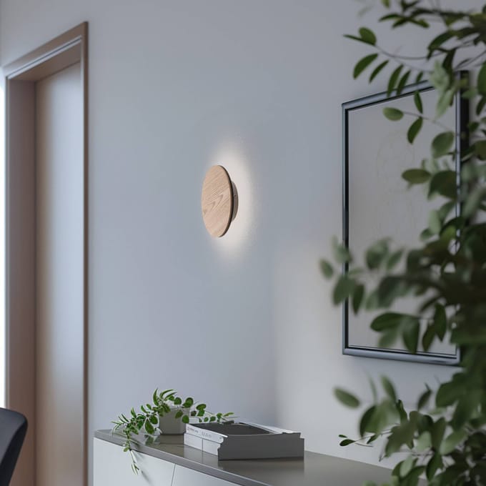 Argon Orios LED wandlamp, hout, Ø 20 cm, indirecte spot