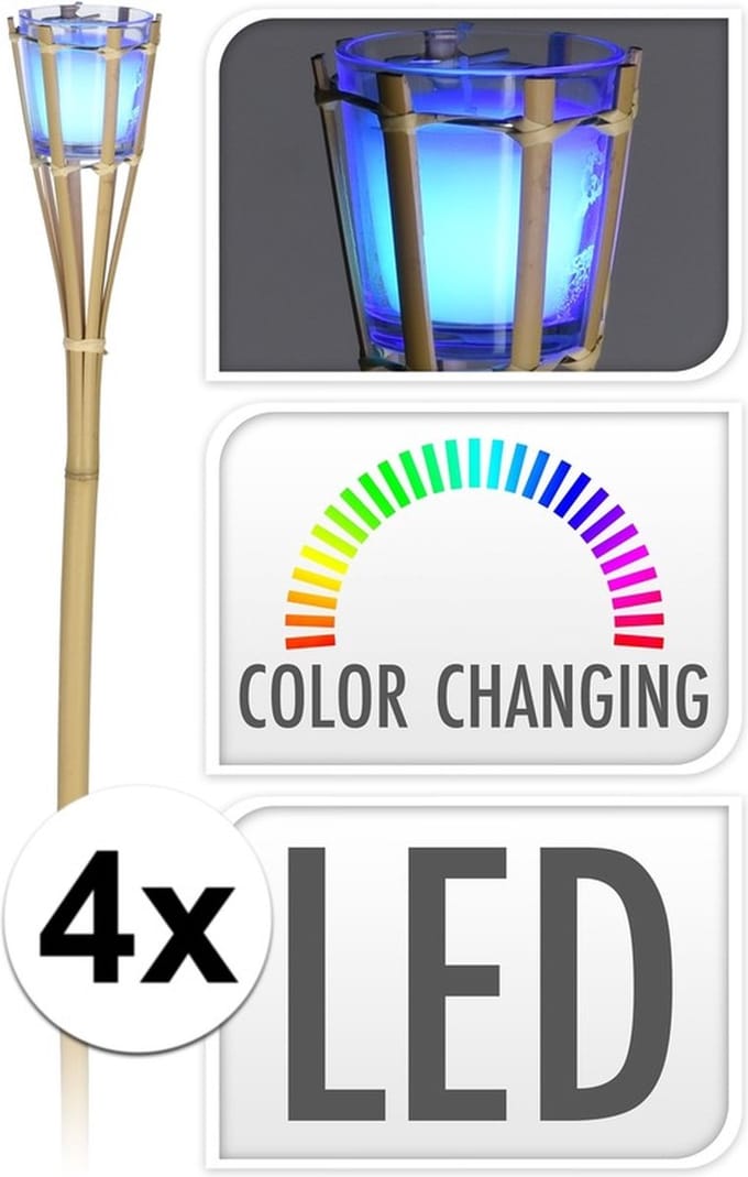 Bamboe tuinfakkels - 4x - citronella - met LED verlichting - 76 cm
