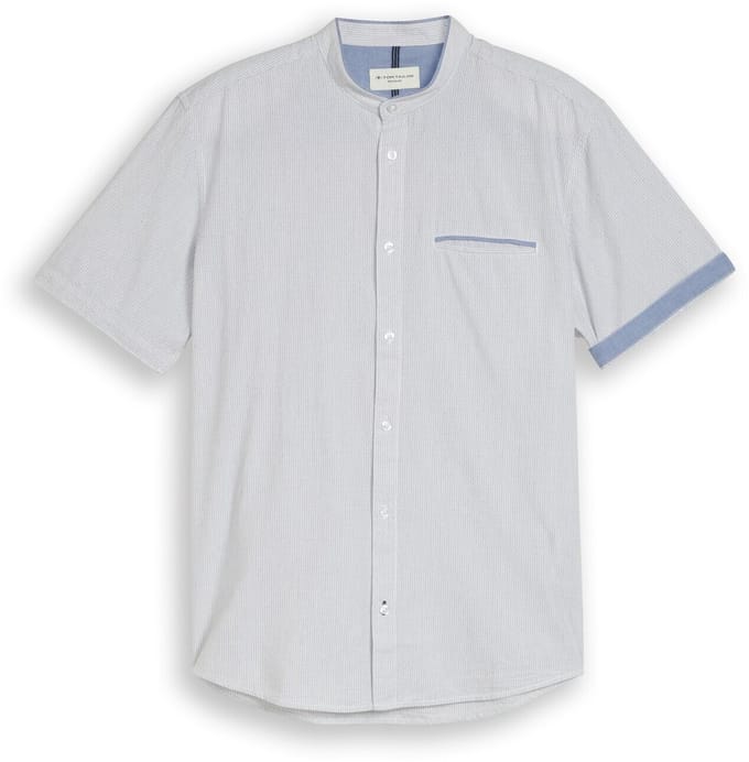 Tom Tailor - Regular fit overhemd met korte mouwen en opstaande kraag - Maat S - white navy small stripe