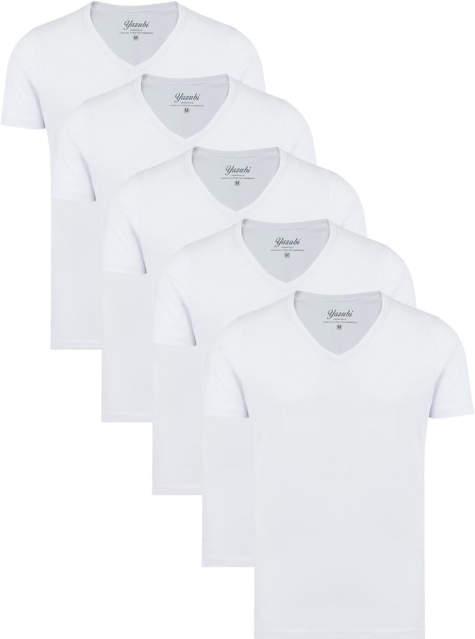 Yazubi Heren T-shirt Mythic – Katoen Stretch – Wit – V-hals – 5-pack