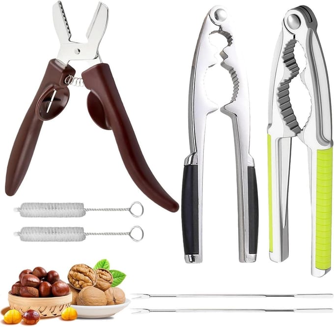 Nutcracker walnuts, 7 pieces stainless steel nutcrackers with 2 non-slip handles, 1 maroni cutter, 2 hazelnut crackers, 2 cleaning brushes for all types of nuts, lobster crackers, crab crackers