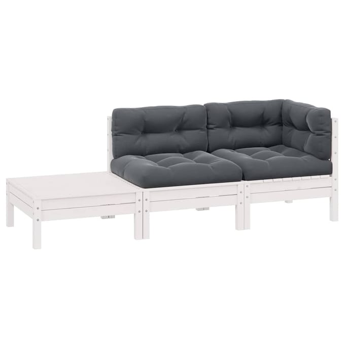 vidaXL - 3-delige - Loungeset - met - kussens - massief - grenenhout - wit