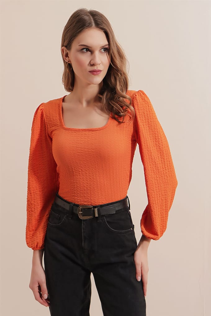 Geperforeerde Vierkante Kraag Blouse met Lange Mouwen
