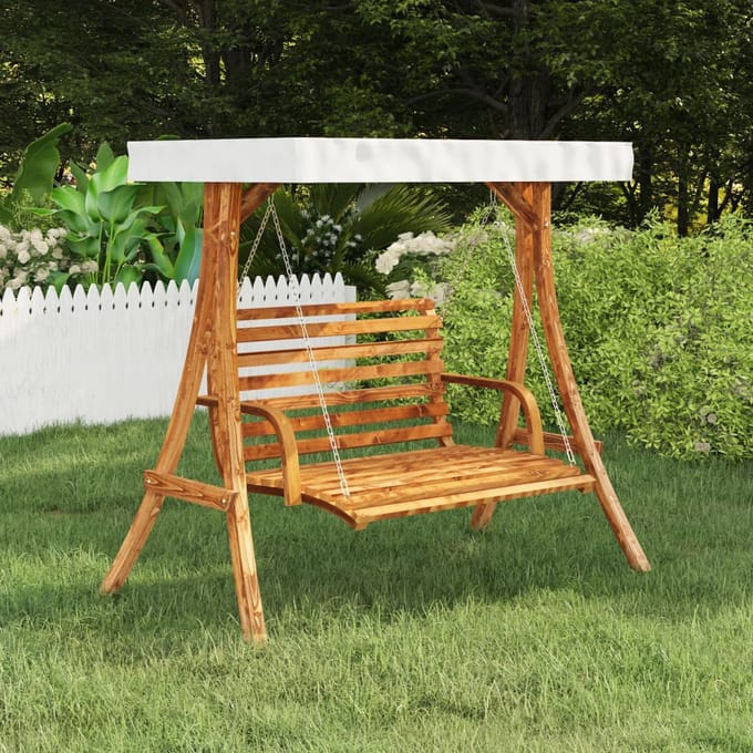 vidaXL - Schommelframe - met - crèmekleur - dak - gebogen - hout - met - teakafwerking