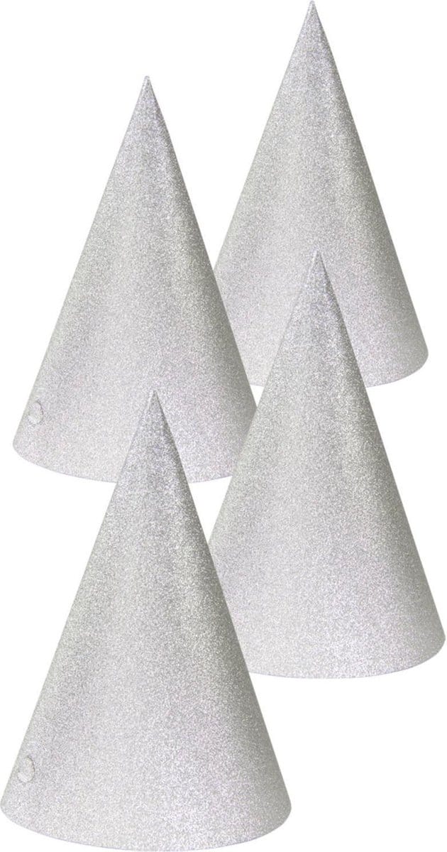 Zilverkleurige Glitter Feesthoedjes 16cm - 4 stuks