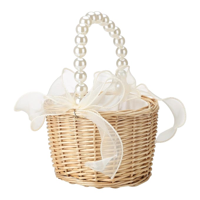 2 stuks Parel Draagmand Bruin Rotan Kleine Parel Handvat Bloemenmand voor Huwelijksgeschenkverpakking white