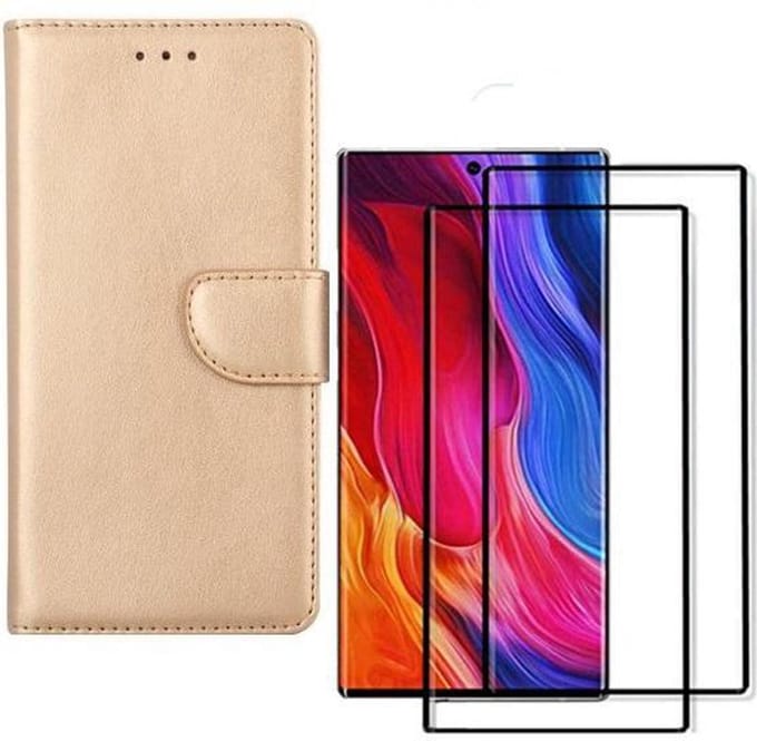 hoesje Geschikt voor: Samsung Galaxy Note 10 Plus Portemonnee Goud met 2 stuks Glas Screen protector