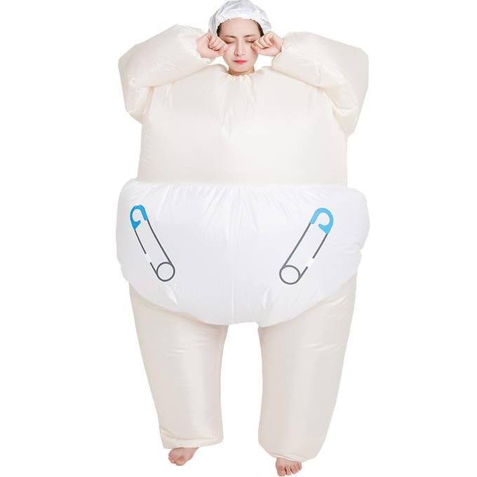 Grappig dikke man opblaaskostuum, volwassen 150-190cm beige