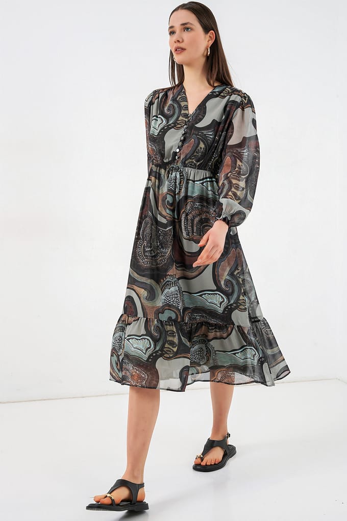 V-hals Midi-jurk met knoopsluiting