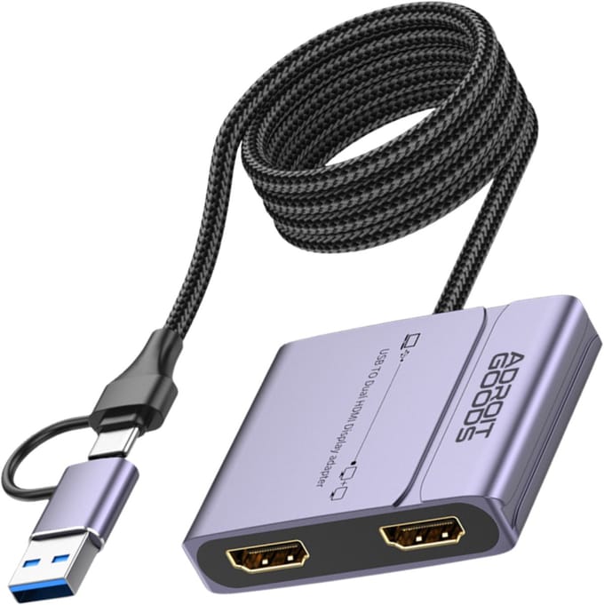 AdroitGoods USB-A & USB-C naar Dual HDMI Adapter – 1080p Triple Display – USB 3.0 Data Hub – 5V Voeding – Compatibel met Windows, macOS en Linux - 50cm