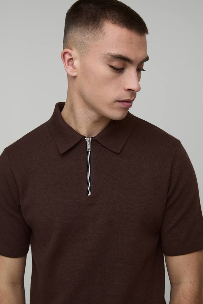 Essential Muscle Fit Soft Touch 1/4 Zip Knitted Polo T-Shirt | Chocolate | Size Medium