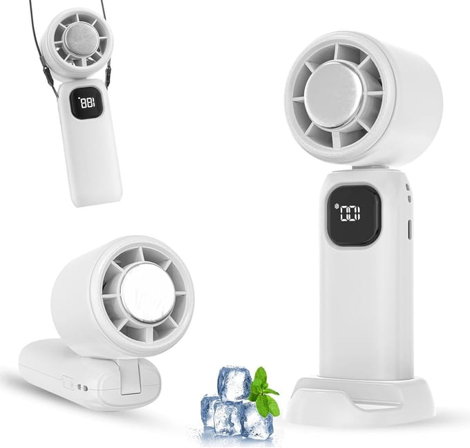 USB Oplaadbare Draagbare Ventilator, Mini Ventilator, Klein Zakventilator, 5 Windsnelheden, Verfrissend Sneeuw Effect, Opvouwbaar + Steun Binnen/Buiten, Wit