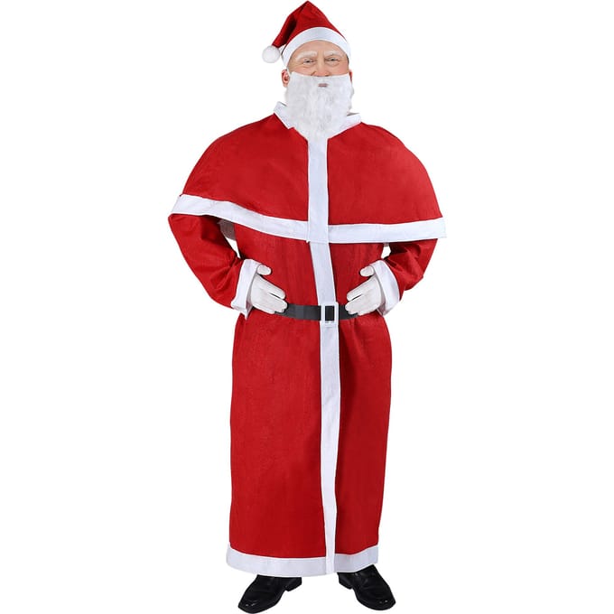 Detex Kerstman Kostuum - 5 delig Mantel Riem Cape Baard Kerstmuts - Rood