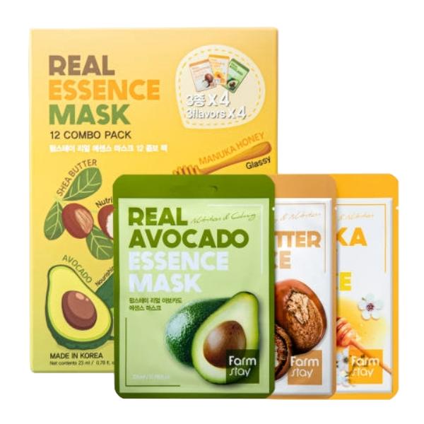 FarmStay Real Essence Mask Combo Pack Ver.1 (1BOX / 12 Sheets) 23ml / 0.78 fl.oz. per sheet  (3 Options) #3box (36 sheets)